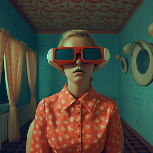 Dziewczyna w pokoju używająca view-master, stylizacja 70'.