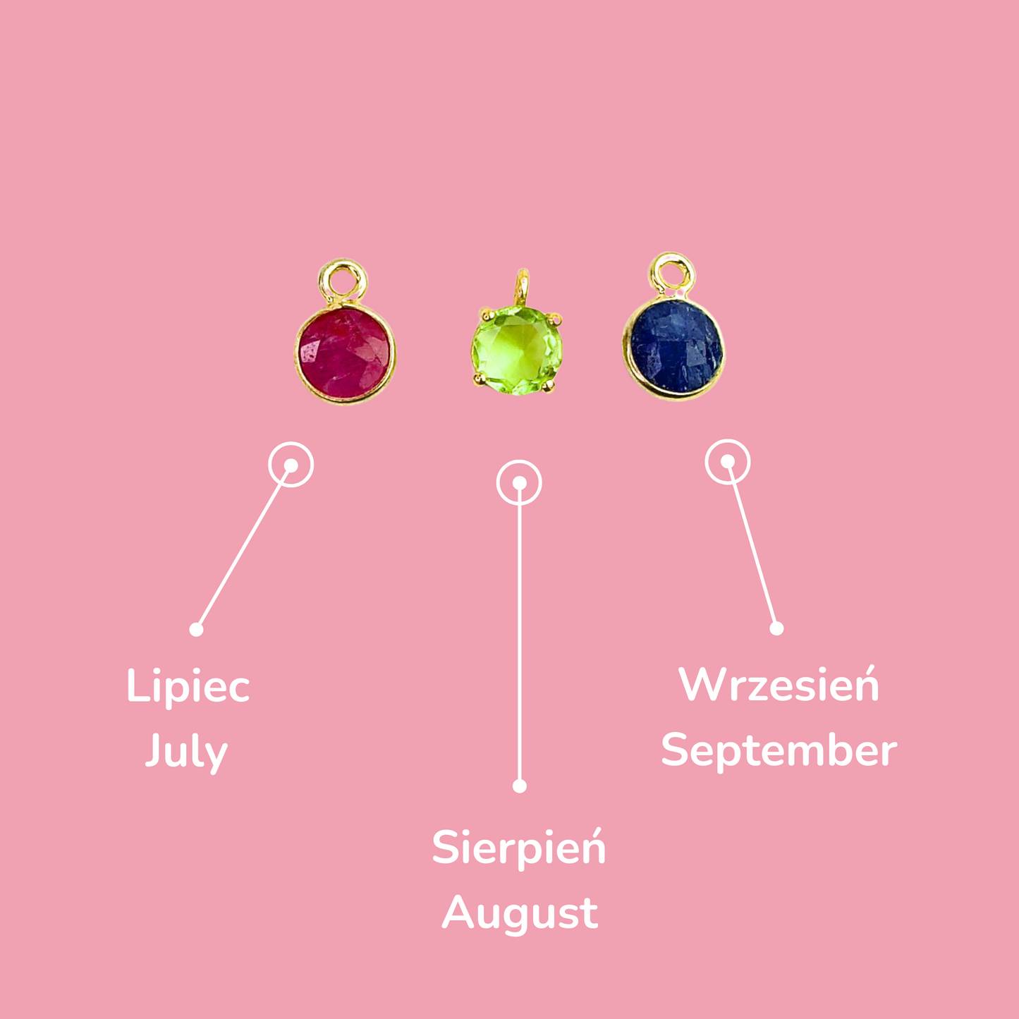 Zawieszki do naszyjnika - kamienie: rubin, perydot i szafir z opisami.