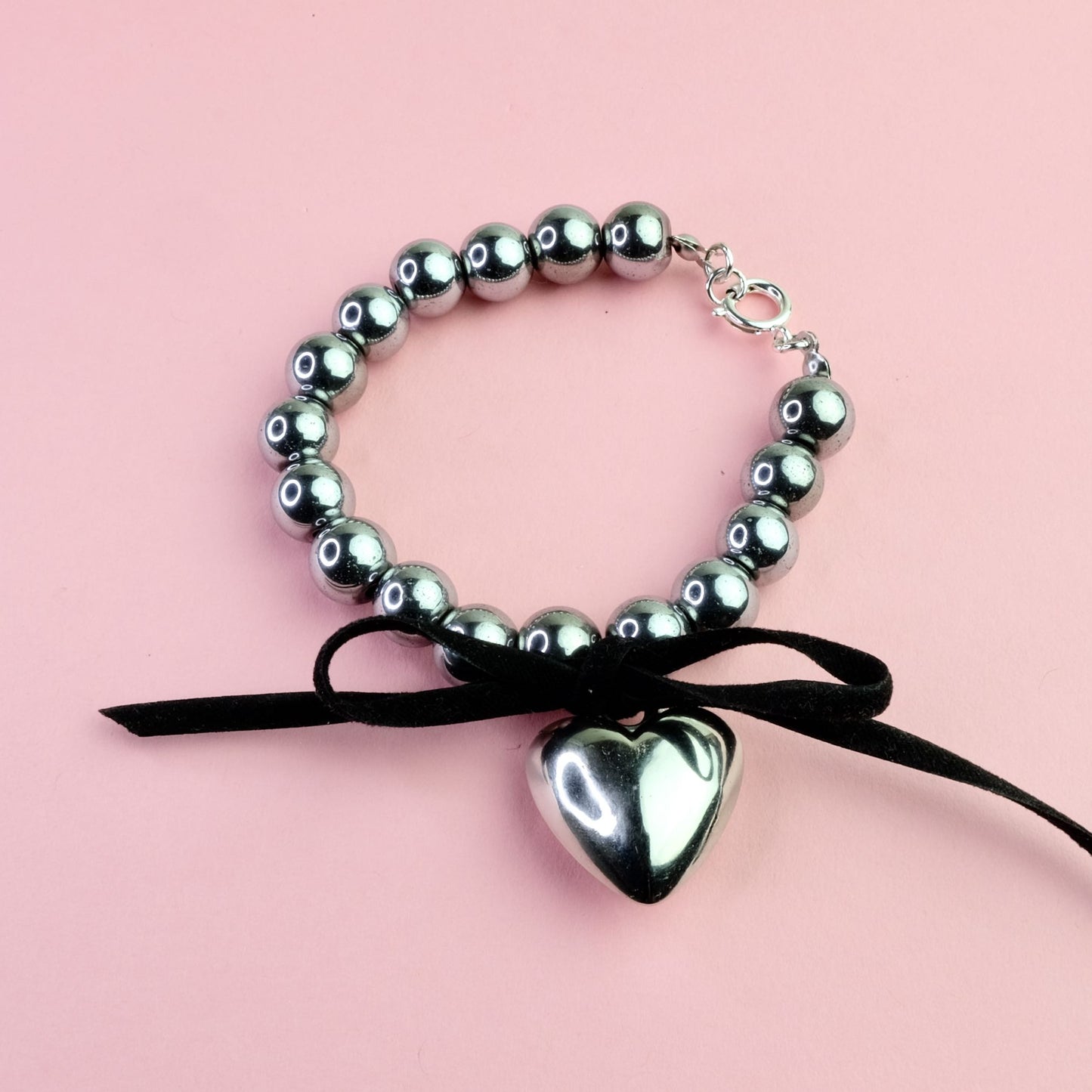 Hematite Heart Charm Bracelet