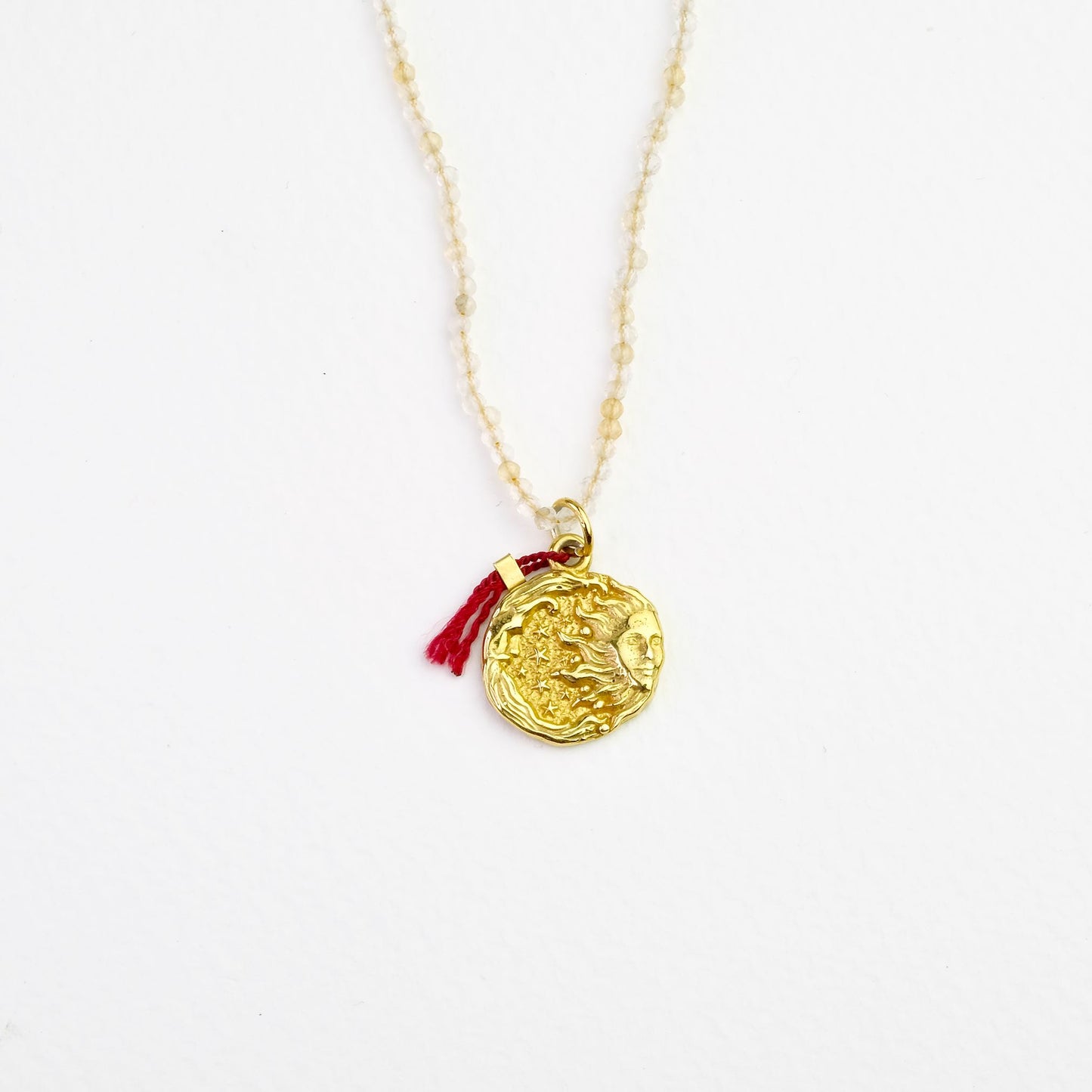 Citrine Necklace with Moon-Sun Pendant and Red Silk Thread for Luck