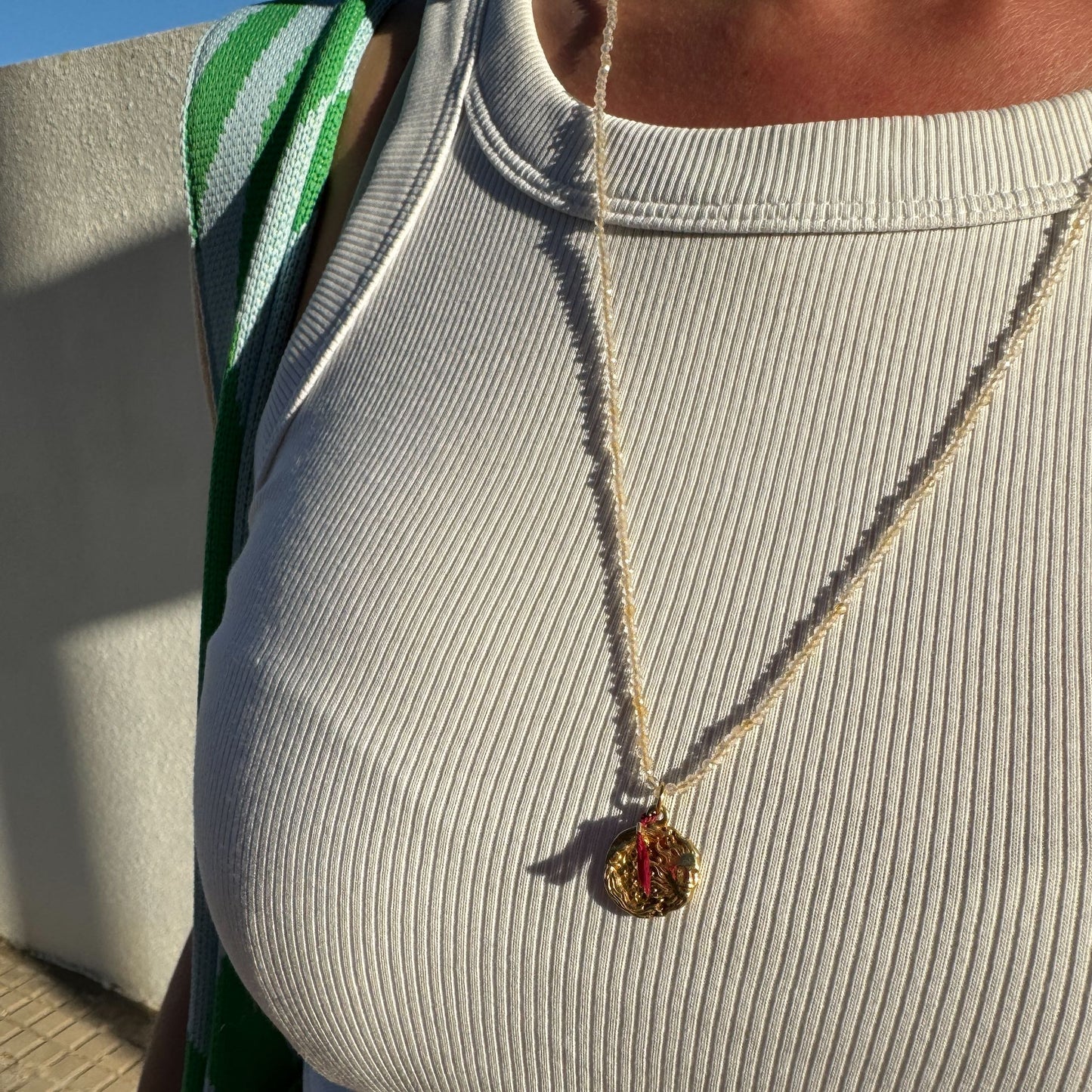 Citrine Necklace with Moon-Sun Pendant and Red Silk Thread for Luck