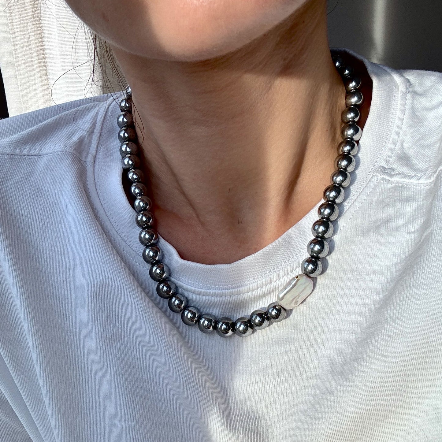 Hematite and Pearl Necklace