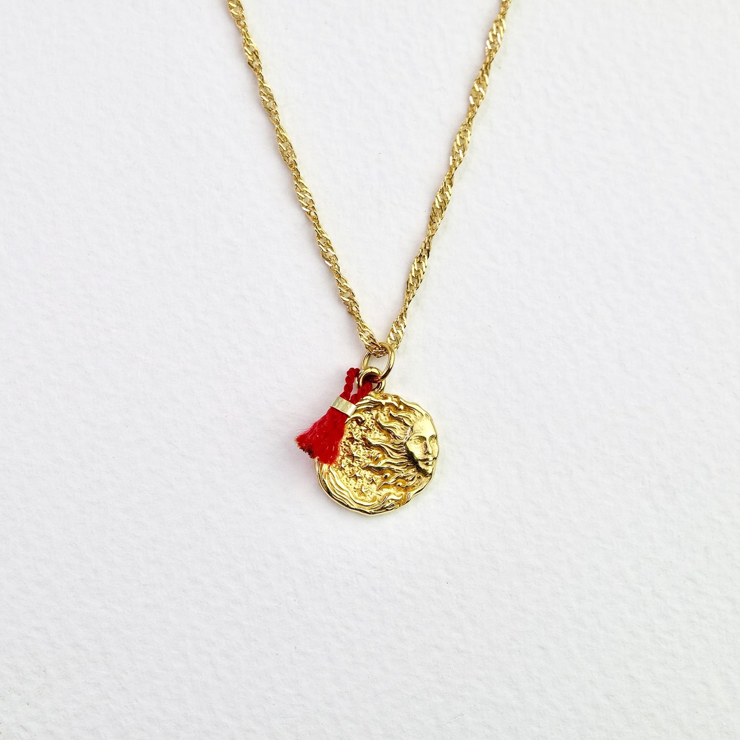 Moon-Sun Pendant Necklace with Red Silk Thread for Luck